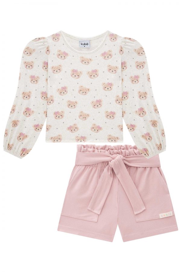 Conjunto de Bata em Malha Elastic e Shorts em Cotton Jeans